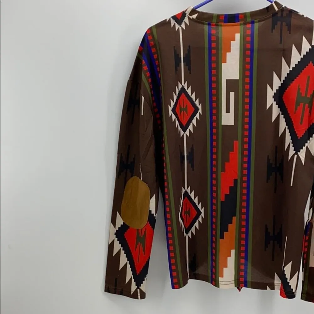 Southwestern Aztec tie front elbow patches top western native sz L Brown Size L - Image 8