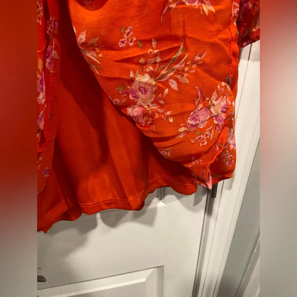 NWT Vince Camuto Size M Orange Floral Ruffle Flowy Long Sleeve Sheer Mini Dress - Image 6