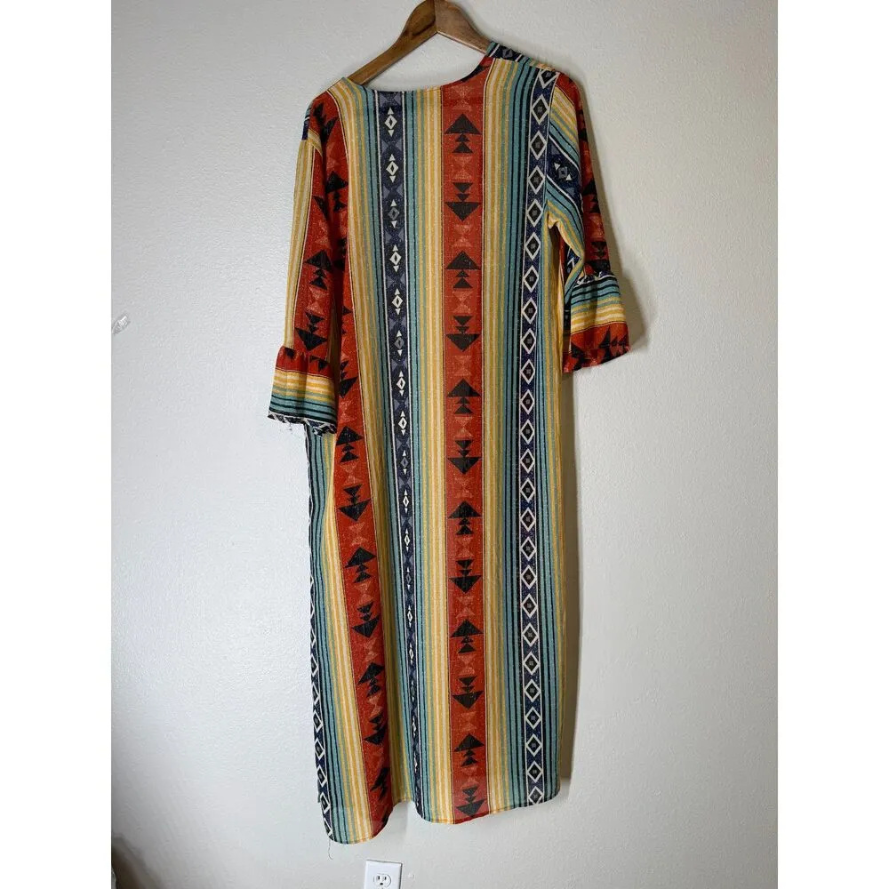 Lucky & Blessed Aztec Print Midi Length Summer Cardigan Sz M Swim Cover Western Yellow Size M - Image 3