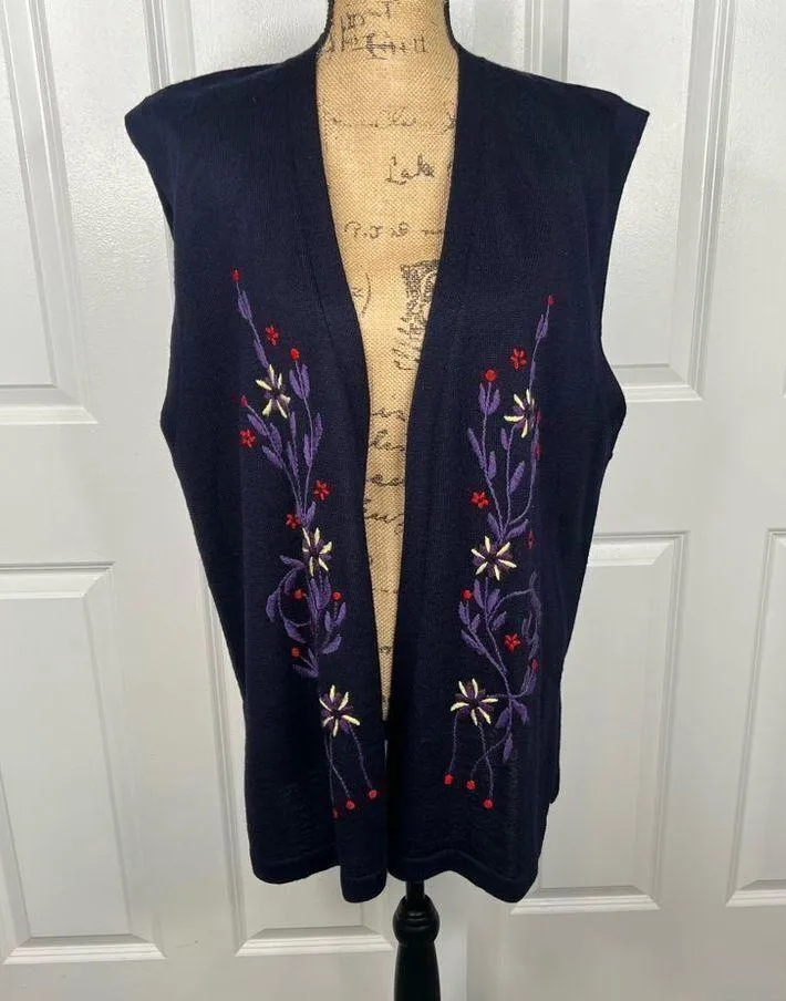 Sz OS Elvi Vintage Black Purple Floral Embroidered Sweater Vest Black - Image 2