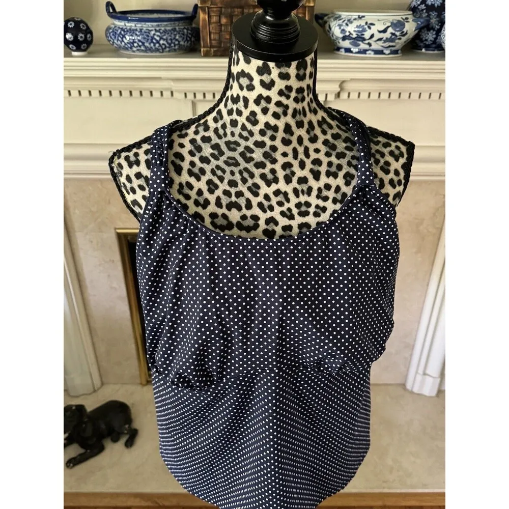 Lands End Swimsuit Tankini Top Size 26W Blue/White Polka-Dot Halter Cross Back - Image 4