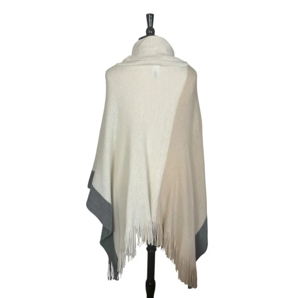 Sweater Cape Cowl Neck Fringe Hem Relaxed Cream Tan Gray Colorblock Women’s OS Size 14 - Image 4
