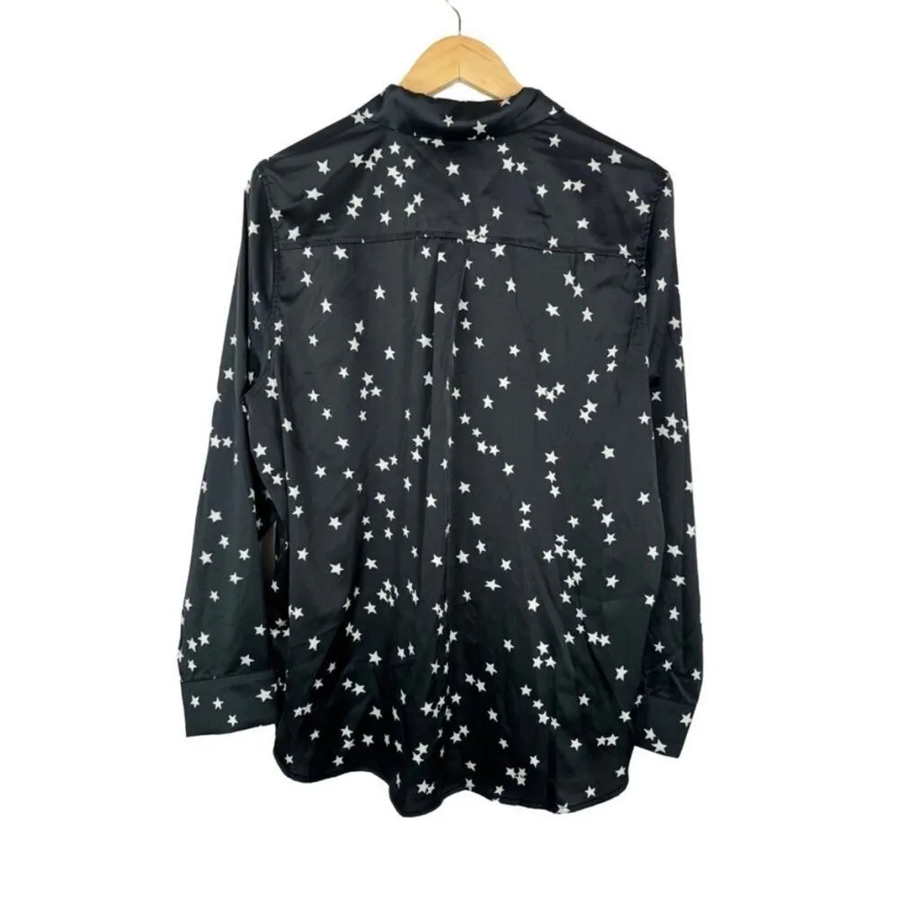Revolve Equipment all over star print satin black blouse sz M - Image 10
