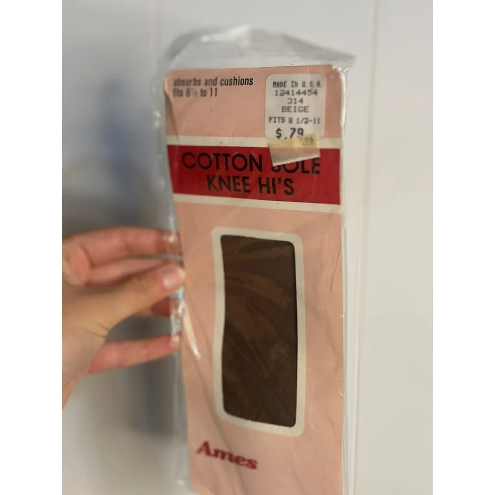 Vintage 1980 Ames Knee Highs: Beige Cotton Sole Hosiery Size 8½–11 New Old Stock Brown - Image 2