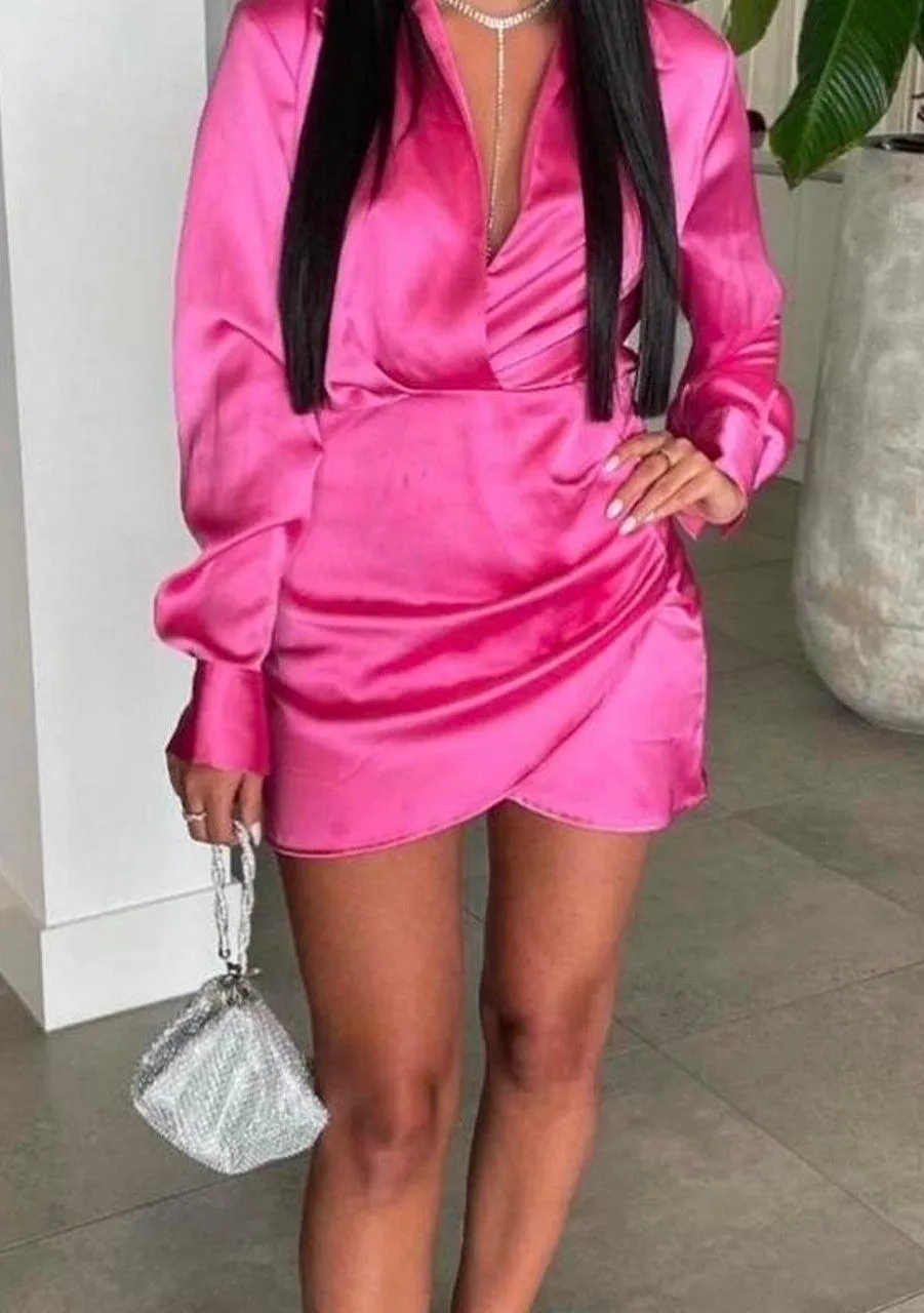 Valentine’s satin effect pink long sleeve wrap mini dress - Image 5
