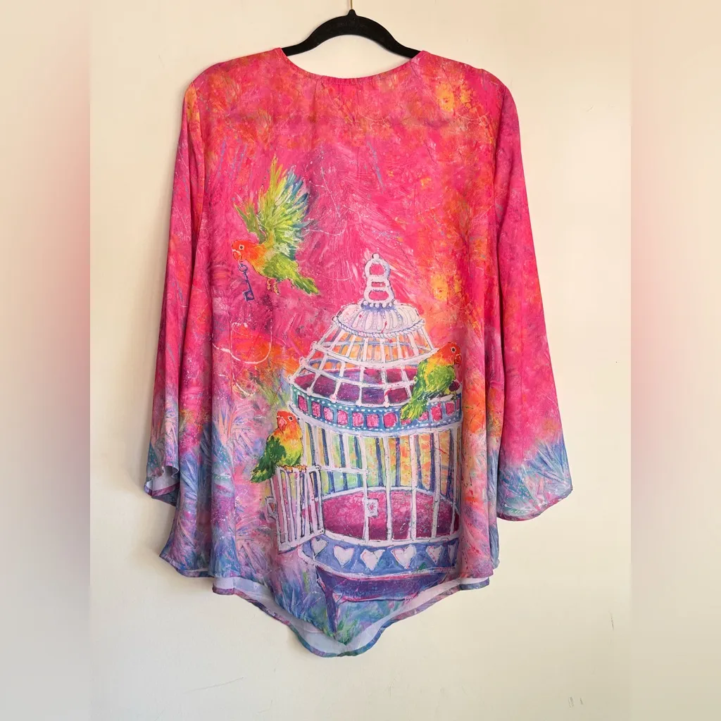 Leoma Lovegrove XL Art Tunic Birdcage Parrot Print Boho Wearable Art Top Pink - Image 5