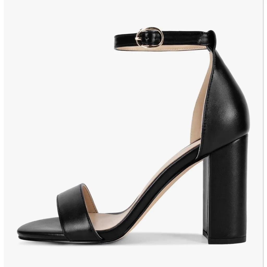 NEW Heels Open Toe Ankle Strap Chunky High Heel Pumps 3.35” 9.5 Black - Image 3