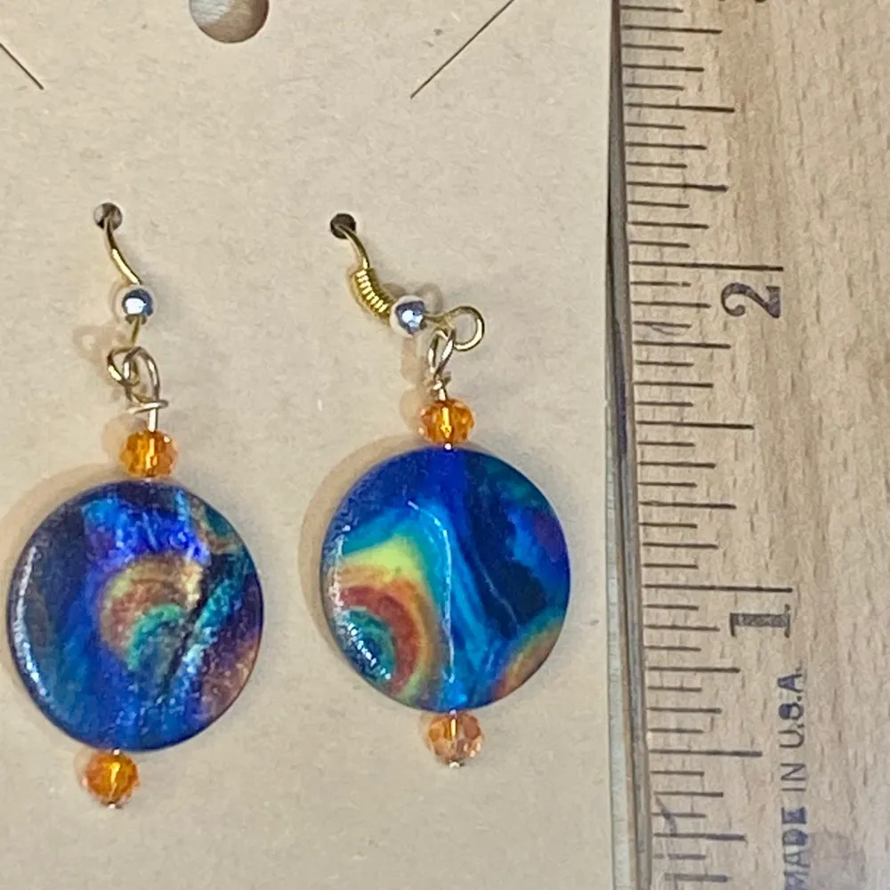Blue Rainbow Coin w Tangerine Orange Crystals Earrings - Image 3