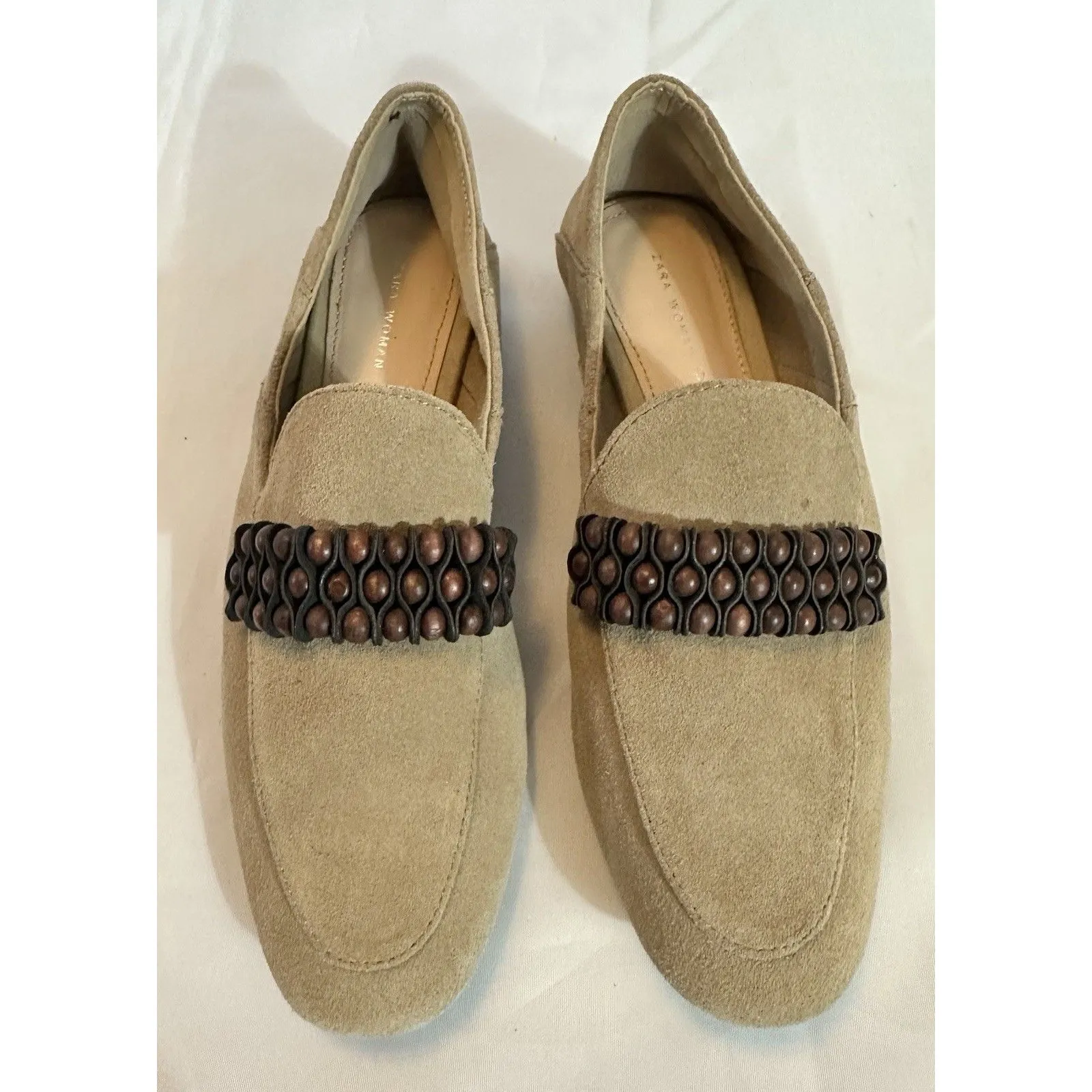Zara Womens Tan Suede Leather Slip On Flats Shoes Beaded Accents Size 6.5 - Image 3
