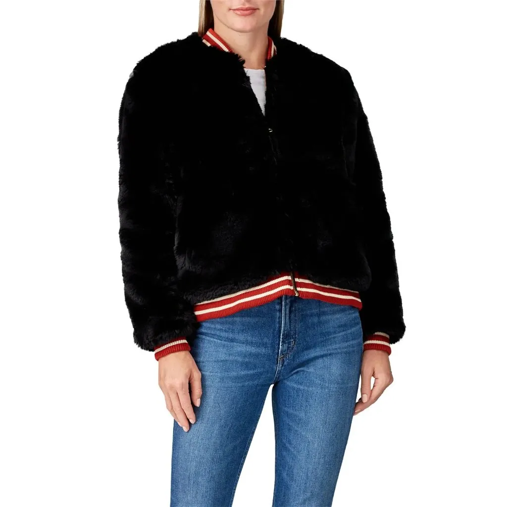 Cleobella Maddox Faux Fur Bomber Jacket Black Red Medium Mob Wife Gameday Glam - Image 3