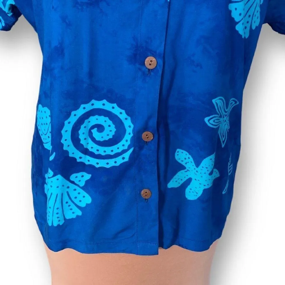 Vintage 90s Shirt Blue Batik Nautical Print Short Sleeve Scoopneck Button Front Size M - Image 3