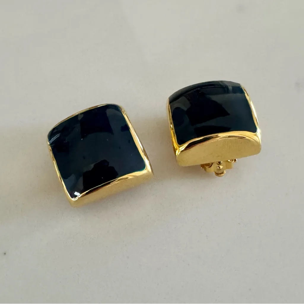 Vintage 80s M.Jent Gold & Navy Enamel Square Fashion Clip - Image 6