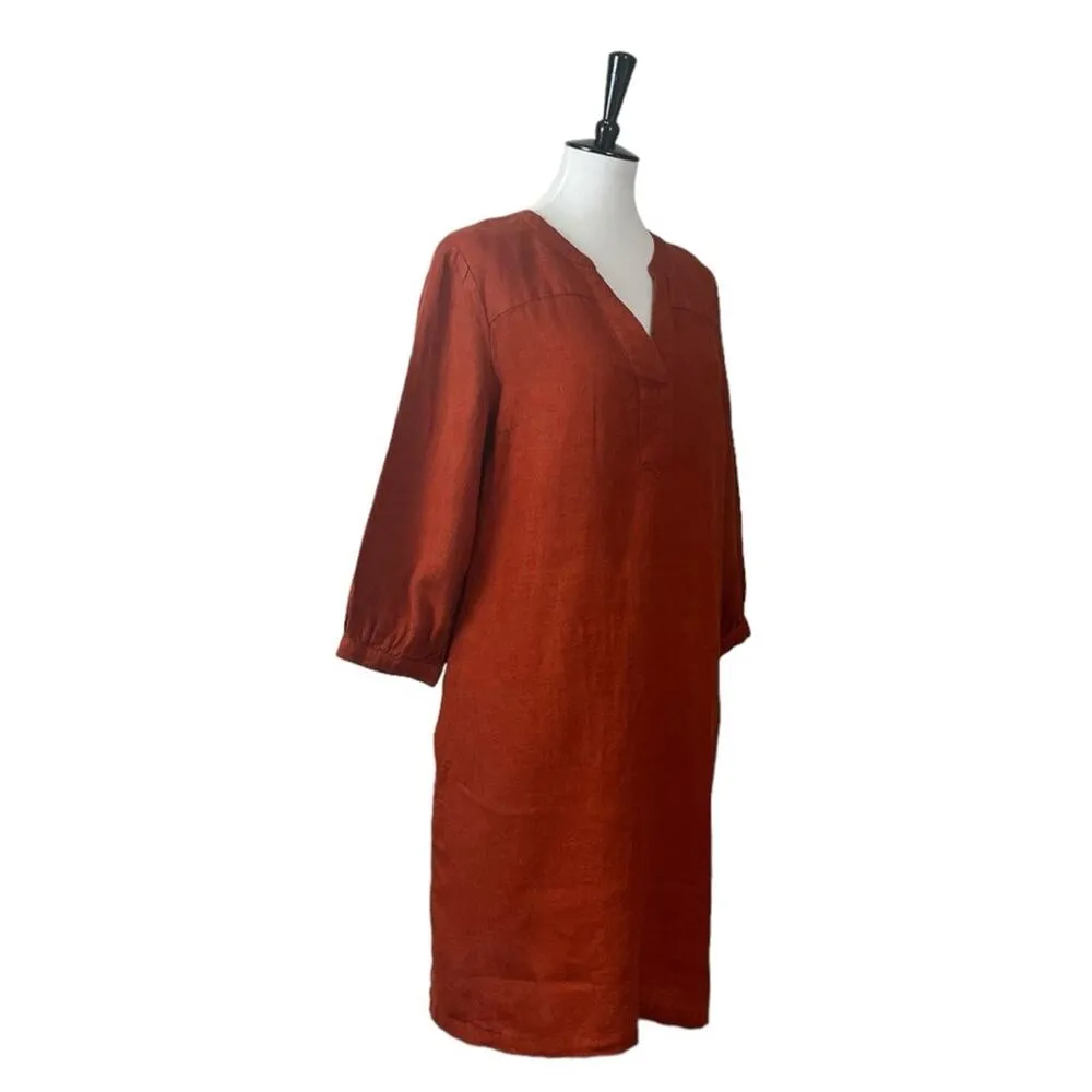 Garnet Hill Dress Split Neck 3/4 Sleeves Linen Burnt Orange Women’s Size Medium - Image 2