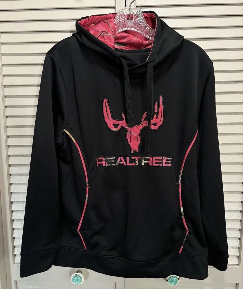 Realtree Black/Pink Pullover Long Sleeve Hoodie Logo Graphic No Tag - Image 1