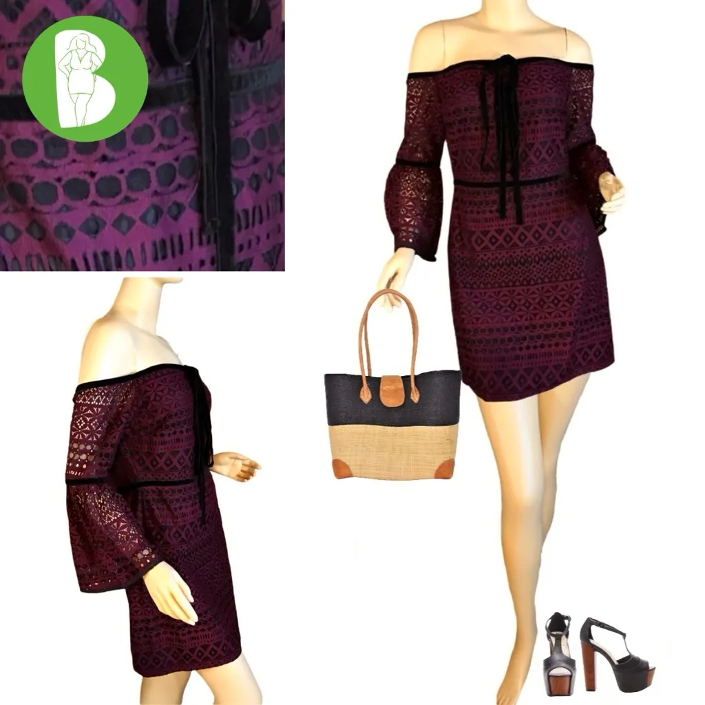 LIKELY "KAKKI" PURPLE & BLACK CROCHET LACE OFF THE SHOULDER MINI DRESS NWT (10) - Image 2