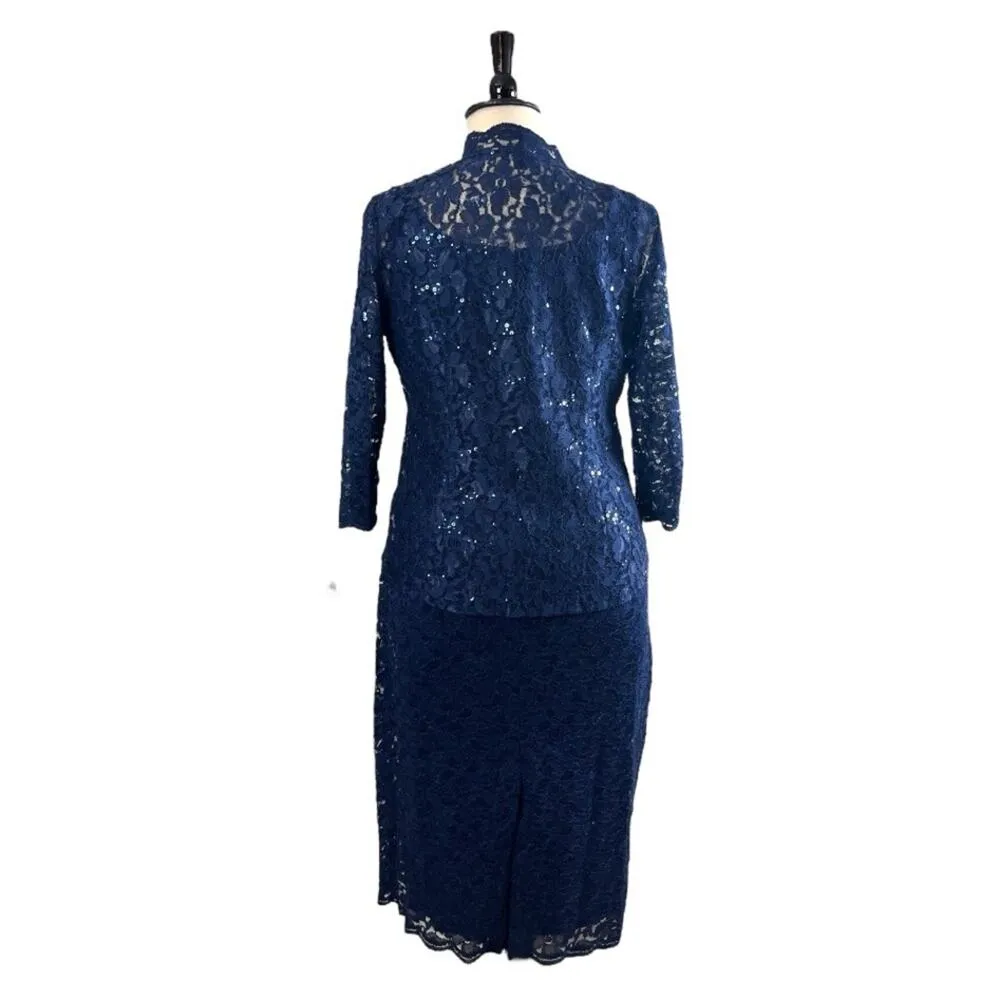 SLNY Jacket Dress 2 Piece Sheath Navy Blue Stretch Lace Women’s Plus Size 14 - Image 5