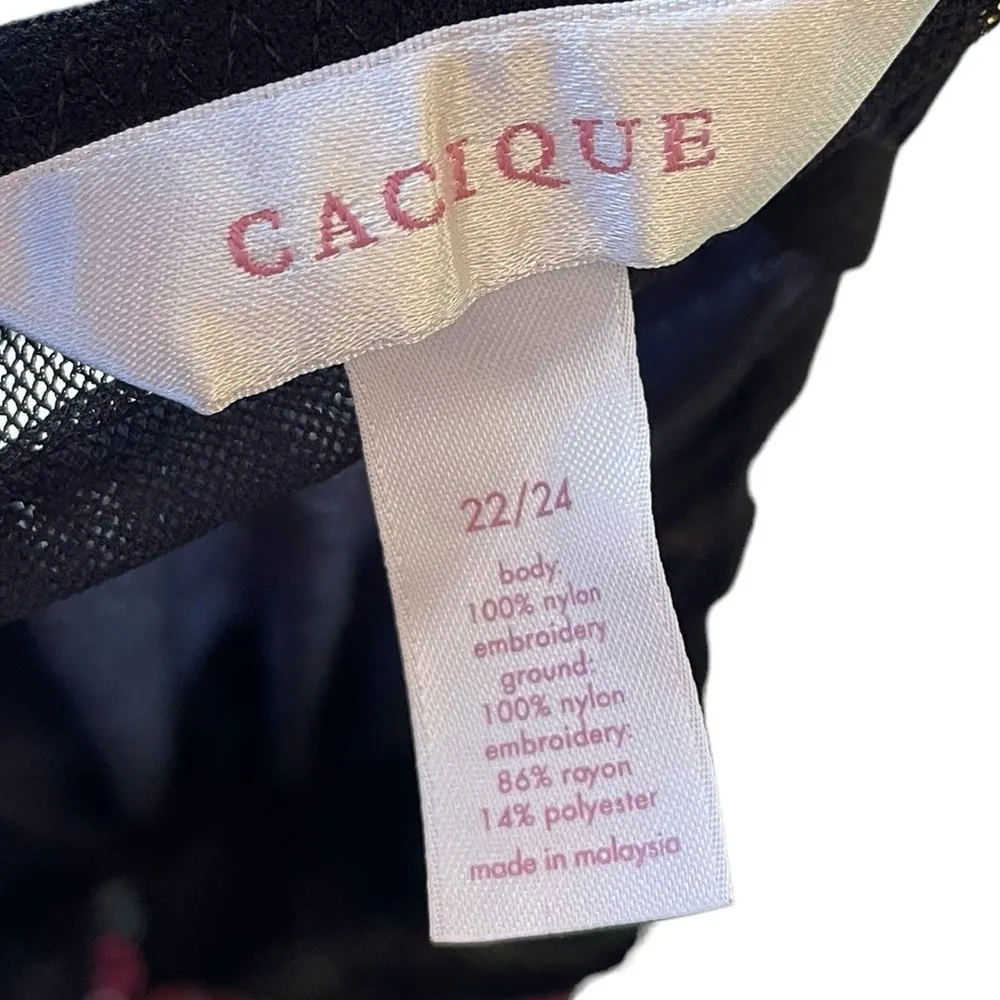 Cacique Plus Size Black Pink Sheer Embroidered Floral Lingerie Mini Slip Dress - Image 6