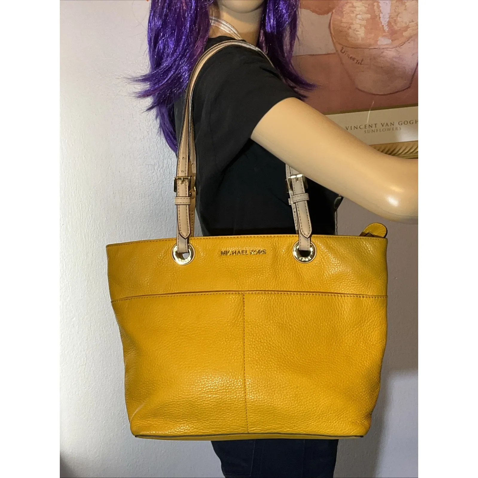 Michael Kors Bedford Sun Yellow Pebbled Leather Tote Bag Purse - Image 6