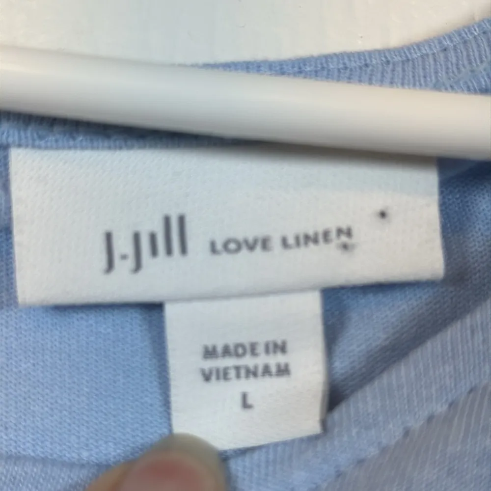 J Jill Love Linen Blend Lagenlook Blue Twisted Sleeve S/S Blouse Size Large EUC - Image 6