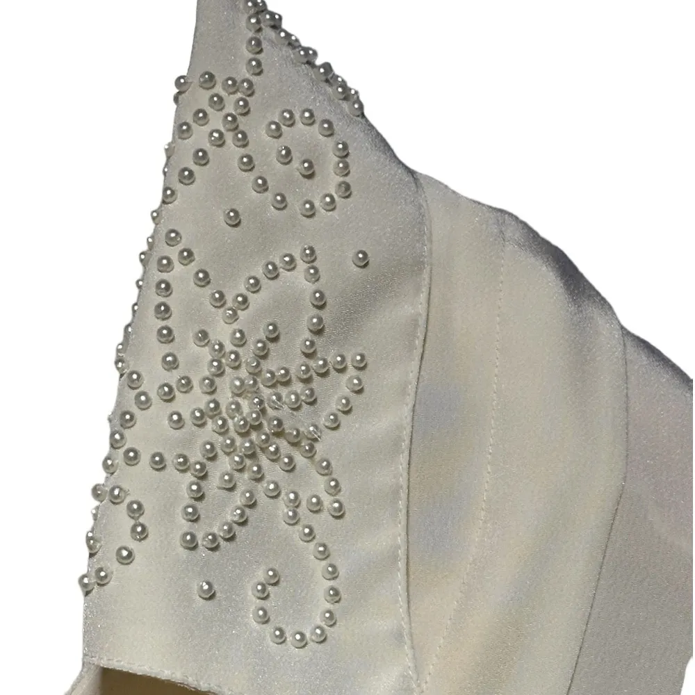 Vintage Anne Klein Cream Wrap Top Embellished Pearl Collar & Shoulder Pads Med - Image 6