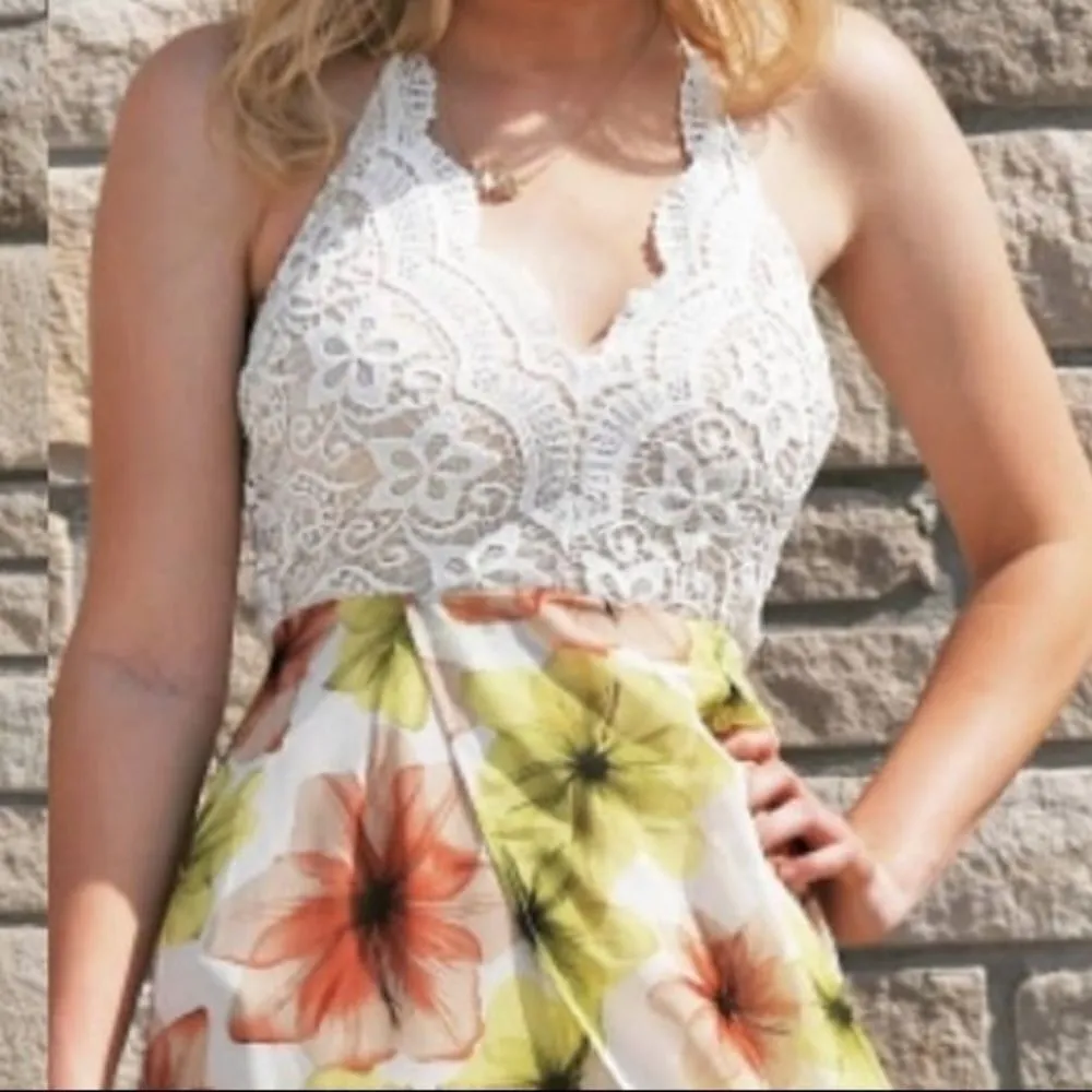 ‎Floral Lace Halter Flyaway Dress Yellow Size L - Image 10