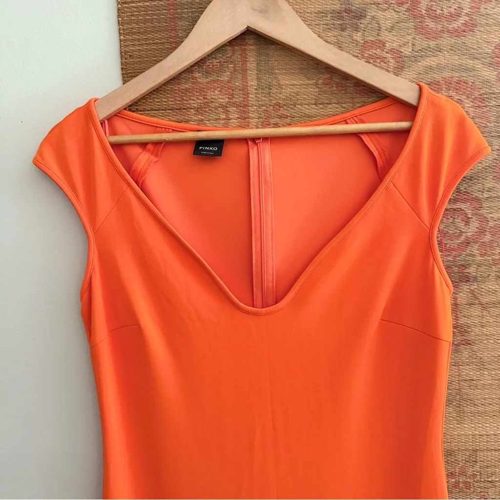 PINKO Italian Orange Cap Sleeve Fitted Midi Dress Size 6 - Image 3