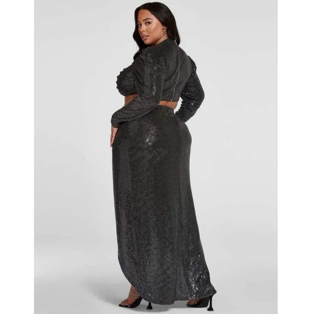 Fashion to Figure Leandra Black Puff Sleeve Metallic Sequin Ruched Crop Top Sz L - Image 4