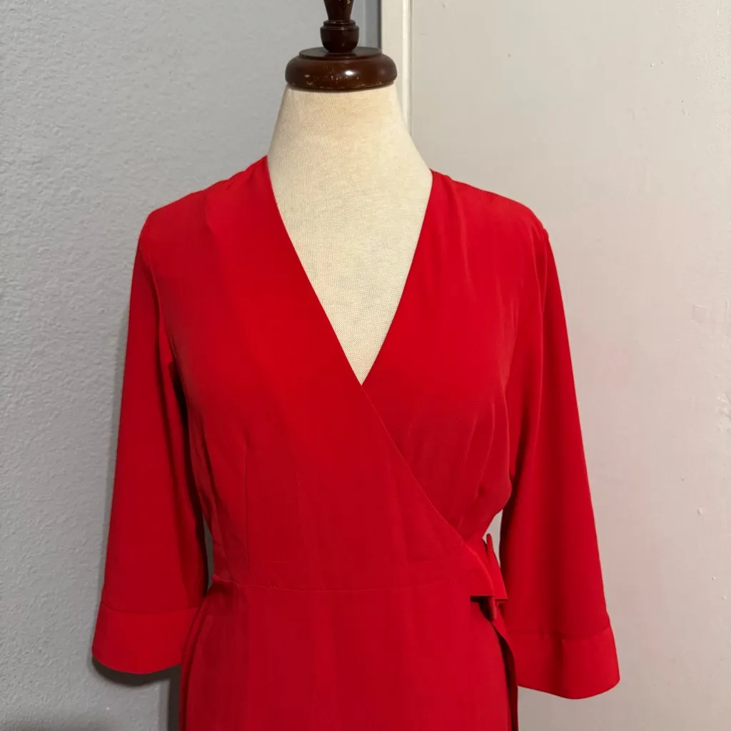 Topshop Women Vibrant Red Long Sleeve V-Neck Cocktail Wrap Dress Size 6 - Image 5