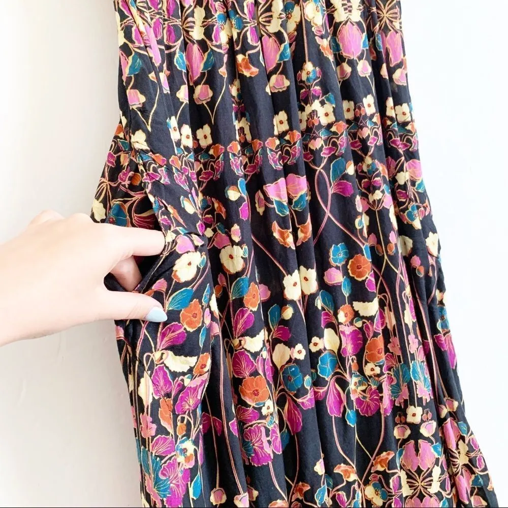 Anthropologie Quilted Floral Maxi Dress Black Size XS Flowy Bohemian Square Neck - Image 8