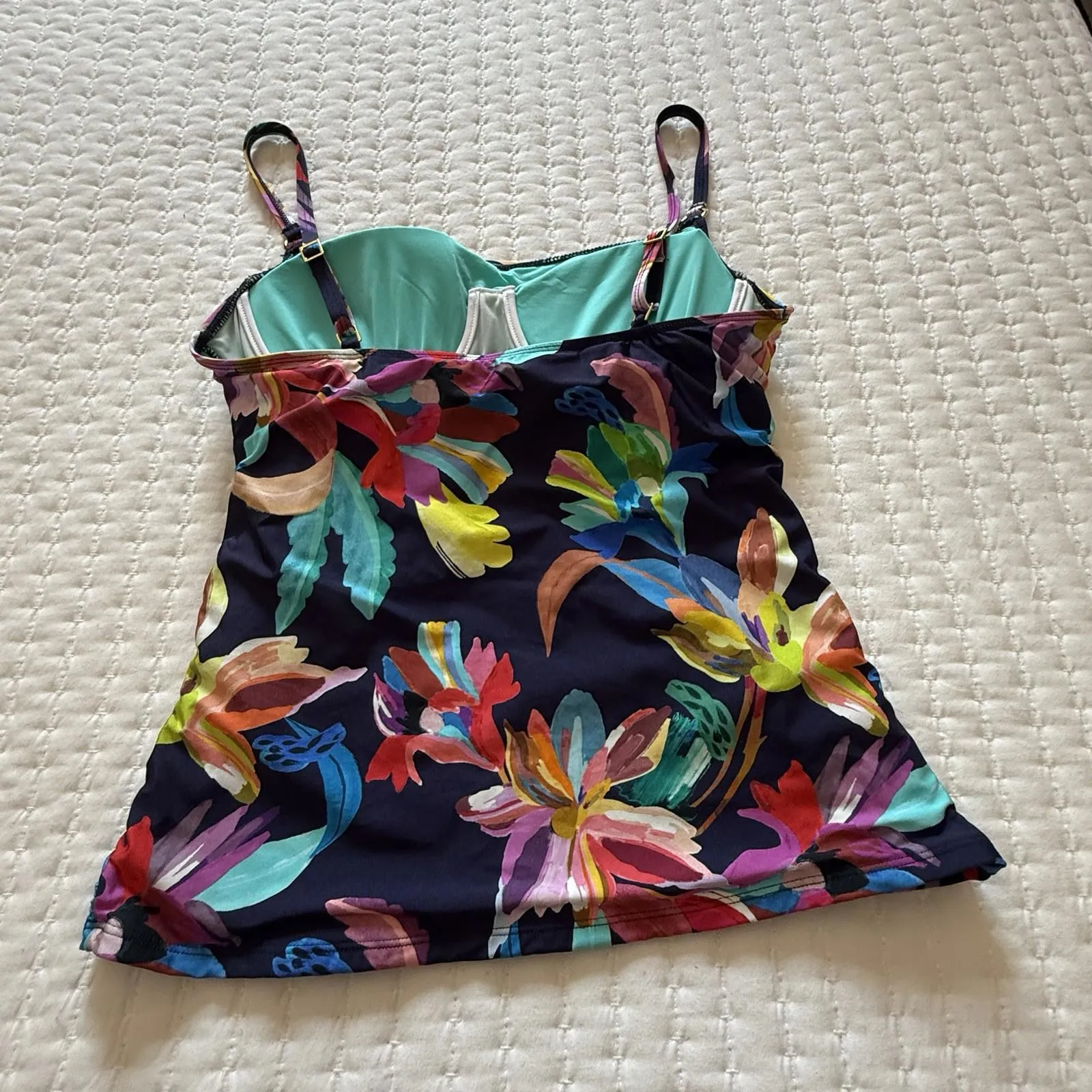 La Blanca Square Neck Ruched Tropical Flowers Blue Tankini Swim Top Sz 8 - Image 6