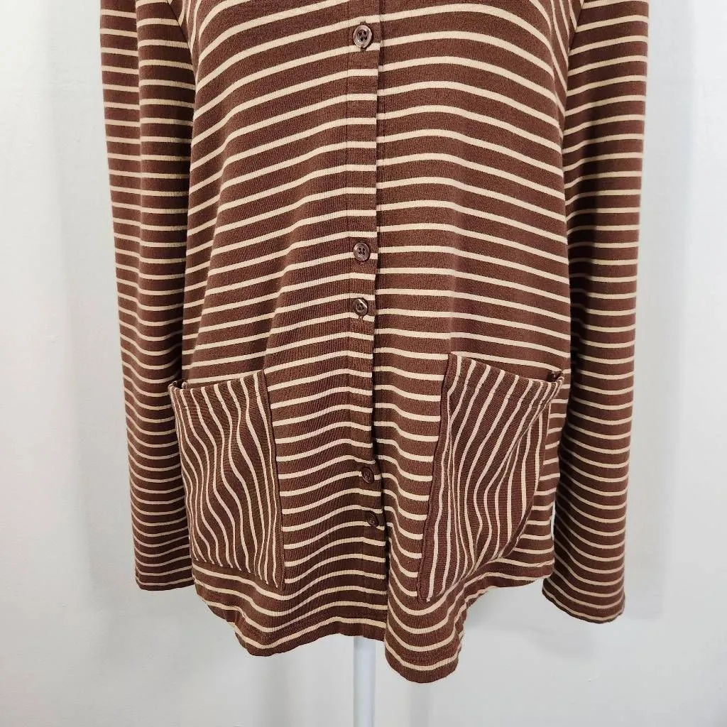 Isaac Mizrahi Brown Stripe Button-Up Hoodie Size Small Striped Preppy Hoodie - Image 3