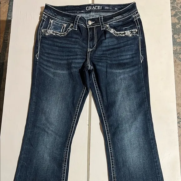 Grace Easy Fit Blue Boot Cut Jeans with Vintage Fade Embellished size 30 - Image 1