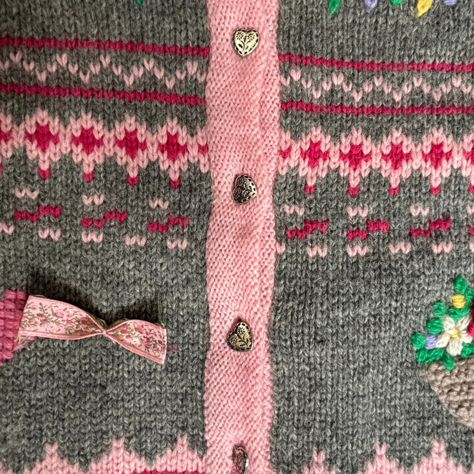 Vintage Eagles Eye Wool Knit Cardigan Pink Gray Floral Heart Bow Small Grandma - Image 12