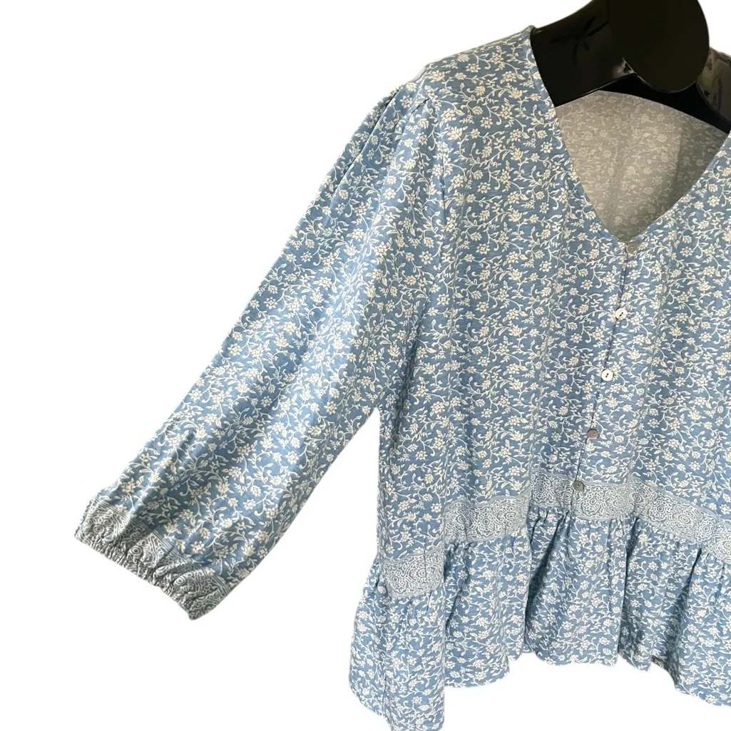 Denim & Co. Canyon Retreat Printed Henley Peplum Top Blue Size XL - Image 5