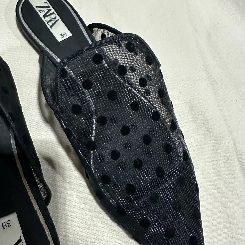 Zara Black Mesh Polka Dot Mules - Image 7