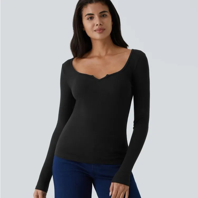 047HA.- Ribbed Scoop Neck Long Sleeve Slim Casual Top. Size Small - Image 4