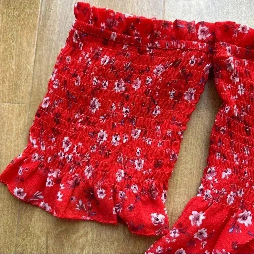 TOBI Red Floral Smocked Tassel Across the Shoulder Blouse, Size Medium - Image 6
