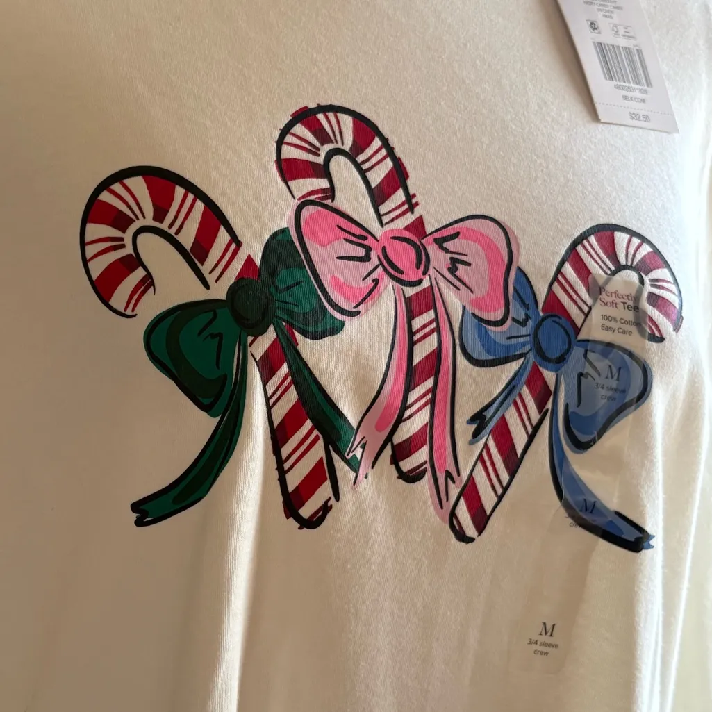 Kim Rogers Cream Long Sleeve Tee with Candy Cane Design - Image 2