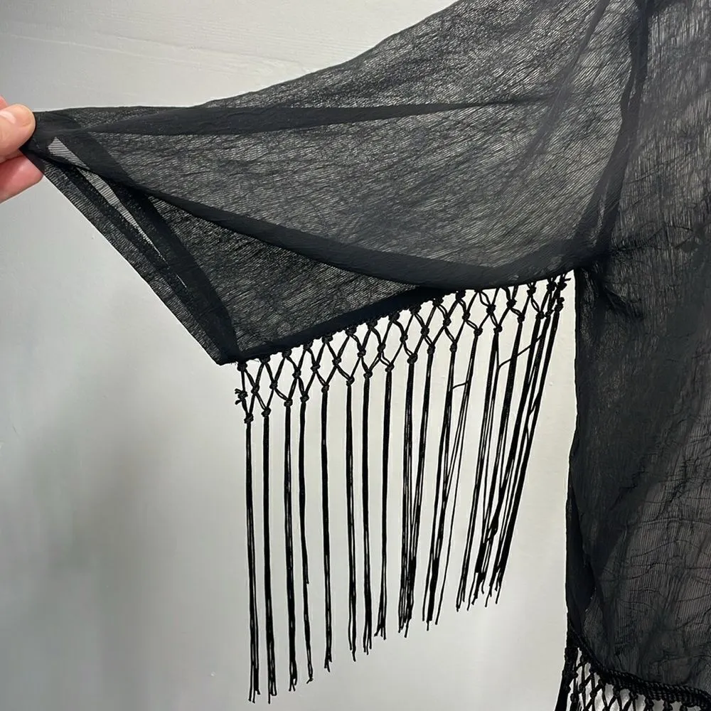 F21 Gothic Open Front Lightweight Romantic Kimono Embroider Fringe Black Large - Image 6