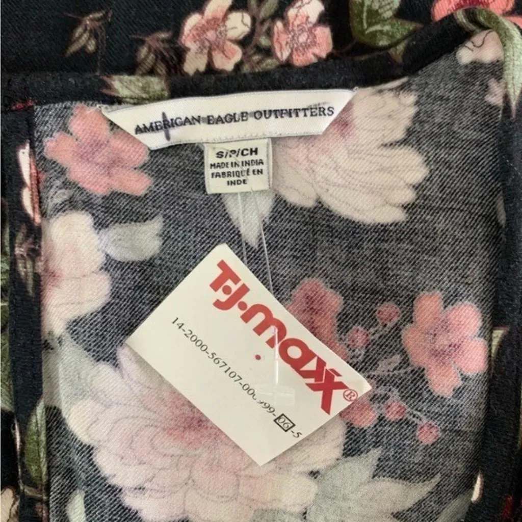 American Eagle Black Floral Long Sleeve Mini Dress Cottagecore Boho‎ Stretch S - Image 6