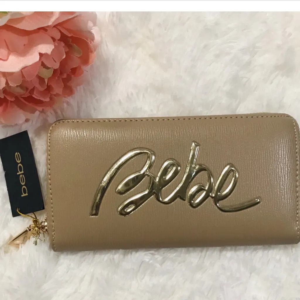 bebe Gianna Zip Around Wristlet in Tan Pebbled Vegan Saffiano 4” x 7.5” x 1.5” - Image 2