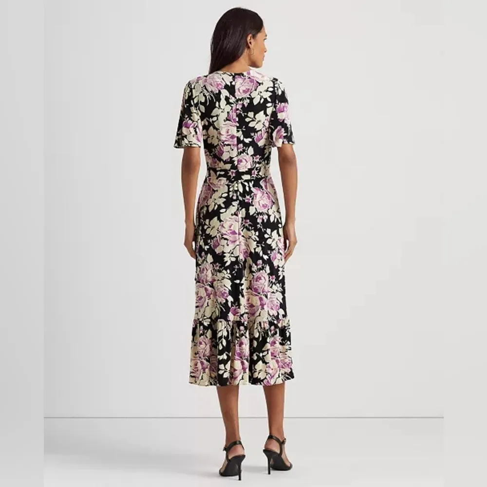 NEW Lauren Ralph Lauren Floral Belted Jersey Dress Size 16 EXCELLENT Retail $338 Black - Image 3
