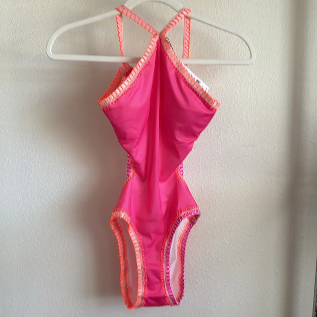 PQ PLATINUM SWIMWEAR Pink Crochet Trim High Neck One Piece Swimsuit - Image 3