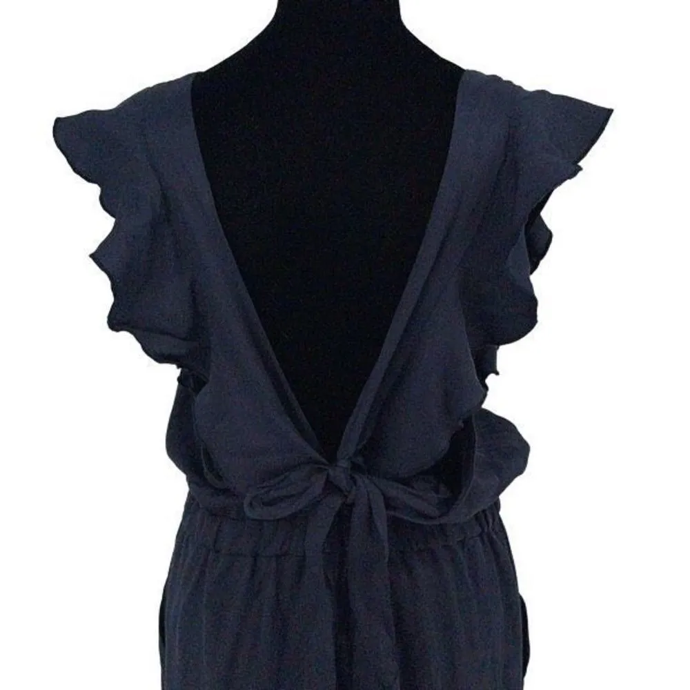 Katie Q Womens Wide Leg Jumpsuit Ruffle Sleeve Open Tie Back Navy Blue Size 4‎ - Image 4