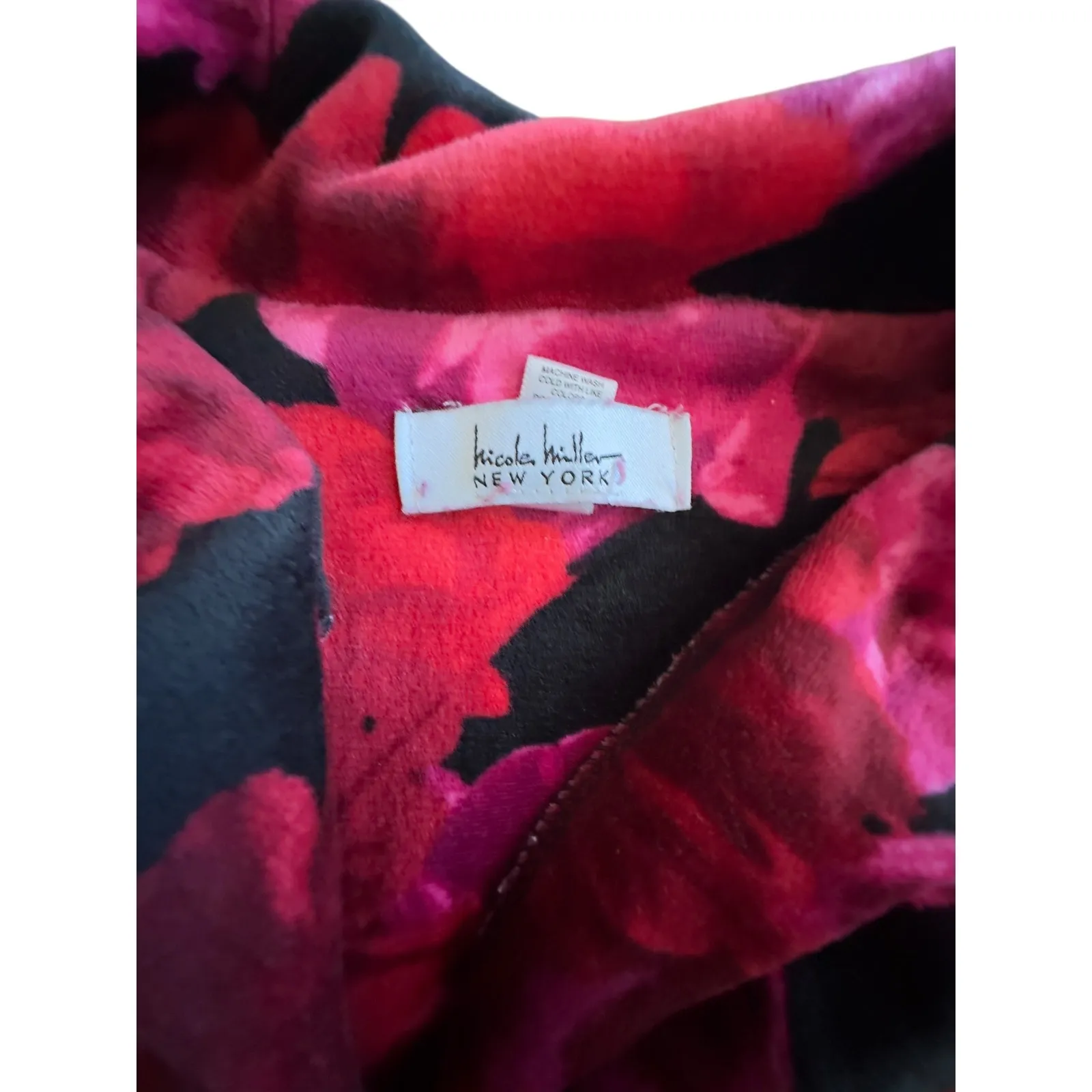 Nicole Miller New York Red Pink Floral Print Velour Pajama Set Women's Size S - Image 3