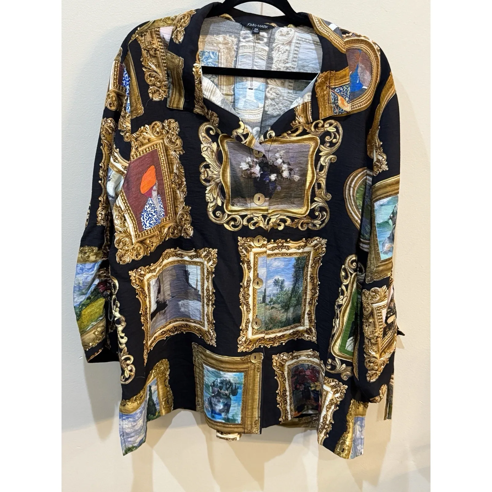 John Mark Printed Wire Collar Cinch Tie Sleeve Button Front Top Size 2X Frames - Image 4