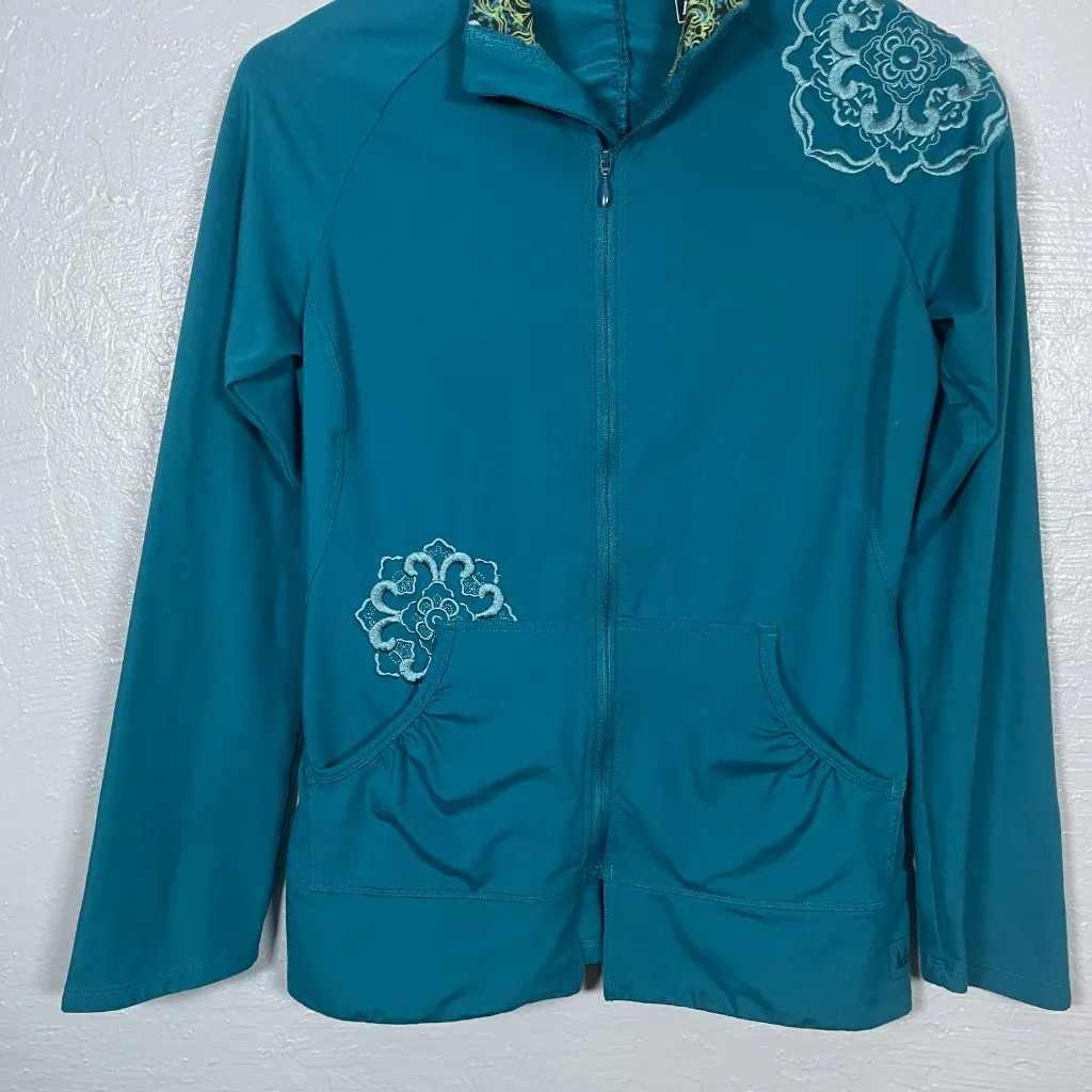 REI Women S Blue Zip Up Jacket Embroidered Floral Pockets Athleisure Hiking - Image 2