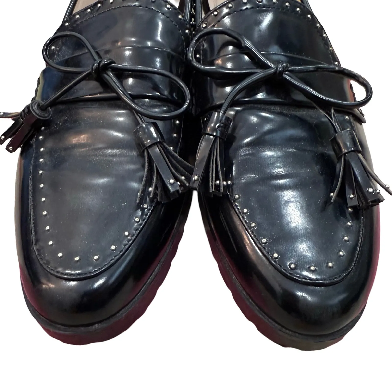 Zara Black Scalloped Studded Patent Leather Bow Chunky Heel Loafers Sz 41 / 10.5 - Image 8