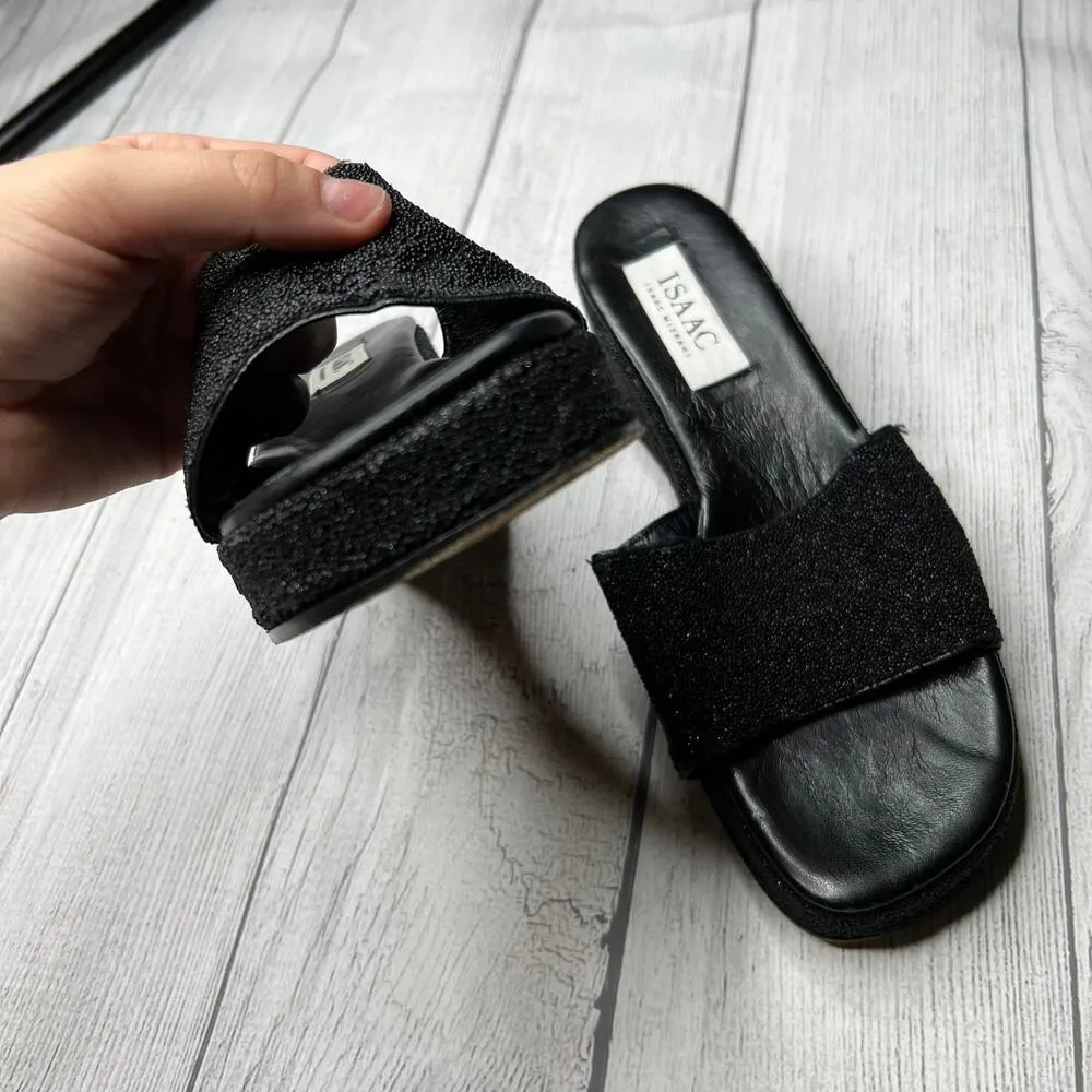 Isaac Isaac Mizrahi Black Platform Wedge Sandals Sparkle Italian Leather Sz 10B - Image 3