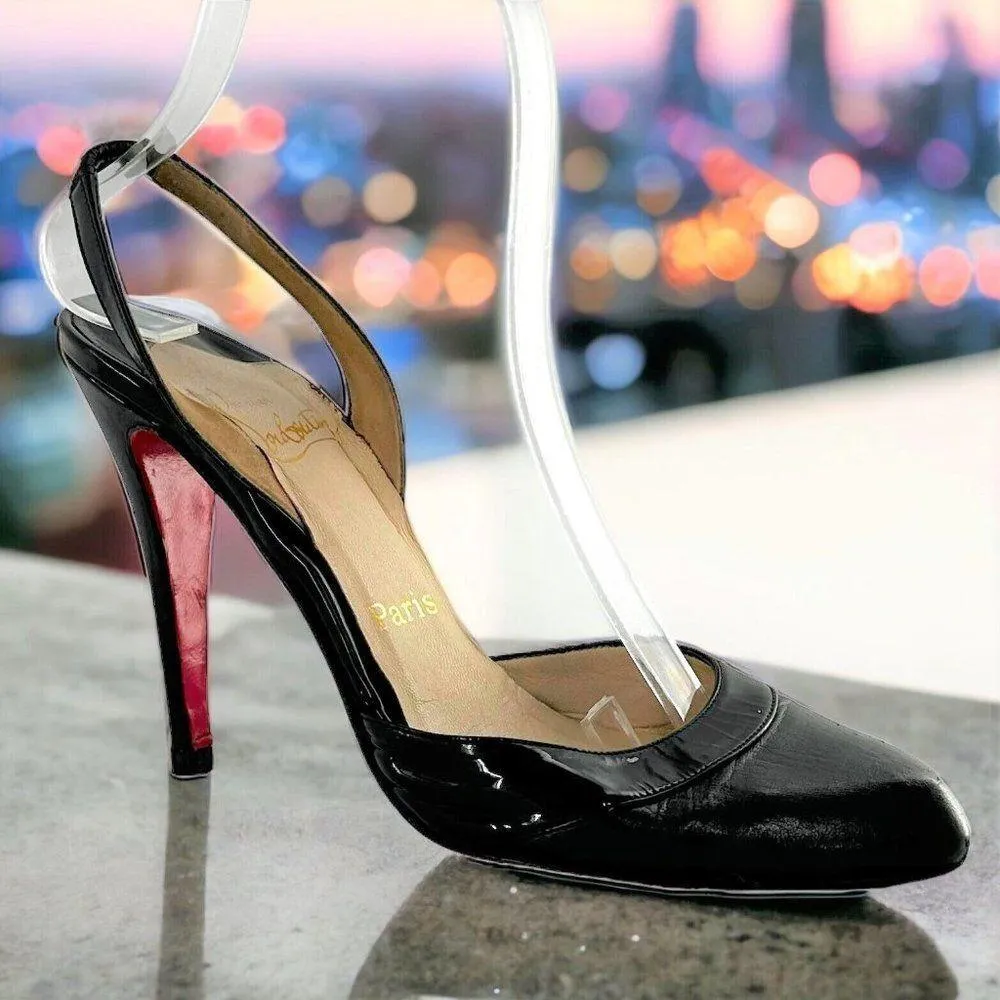Christian Louboutin Black Leather & Patent Slingback Heels Size 38 Pumps - Image 2